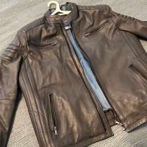 Men’s Gray Leather Jacket Motorcycle stand collar
